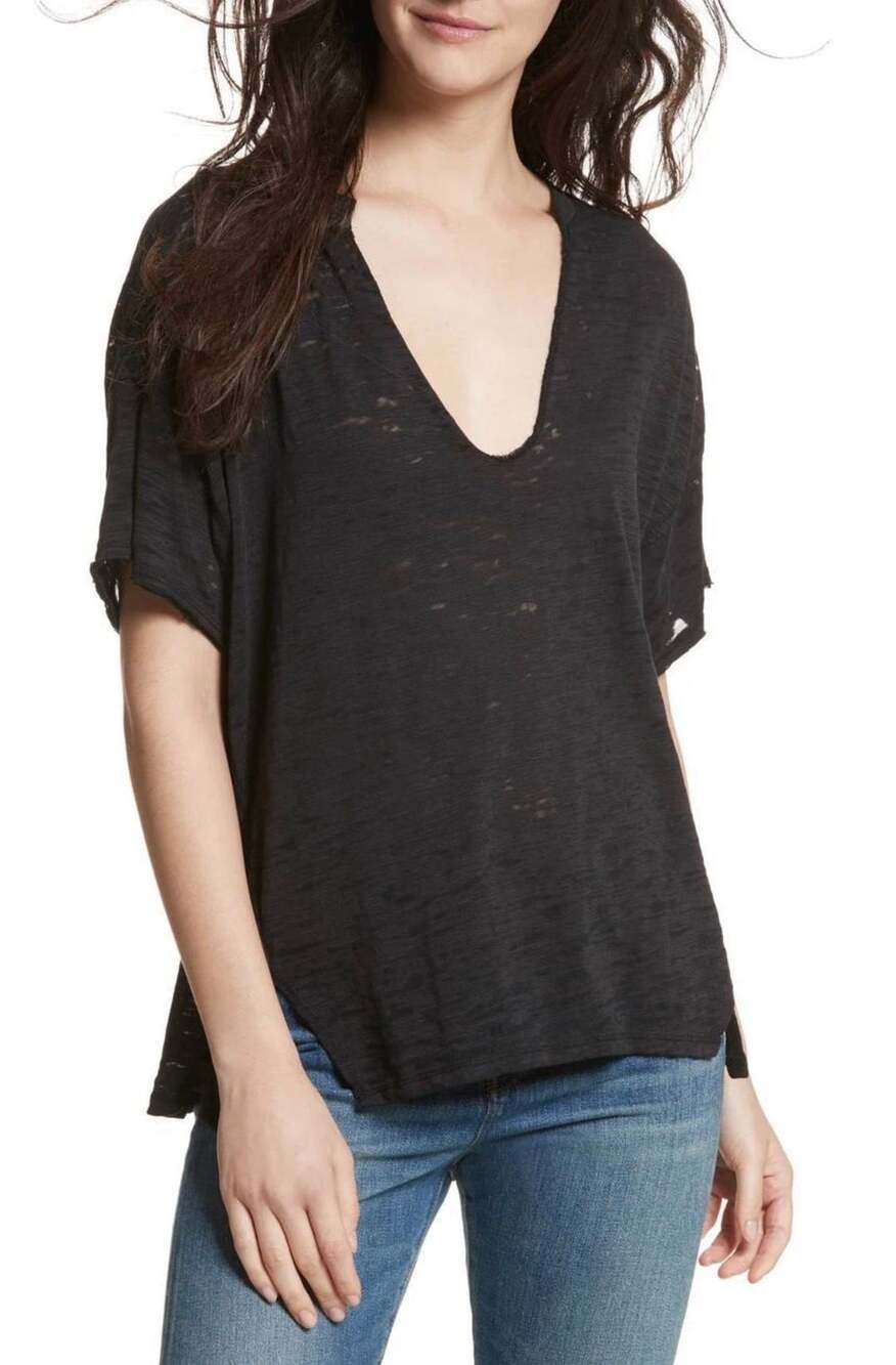 We The Free Free People Maddie Burnout Tee Black V-Neck Short Sleeve M
